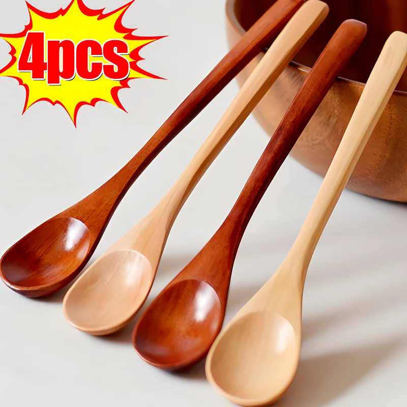 4/1Pcs Long Handle Wooden Spoons Japanese Style Coffee Stirring Tea Dessert Spoon Mixing Soup Spoon Tableware Kitchen Supplies