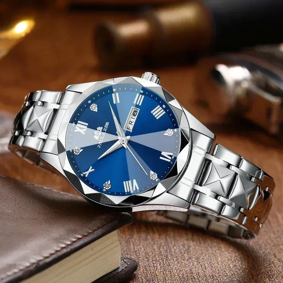 ساعات فاخرة للرجال مضيئة بتقويم مزدوج ذهبي وأزرق وأخضر كوارتز فستان على شكل ألماس من الزجاج المقاوم للصدأ