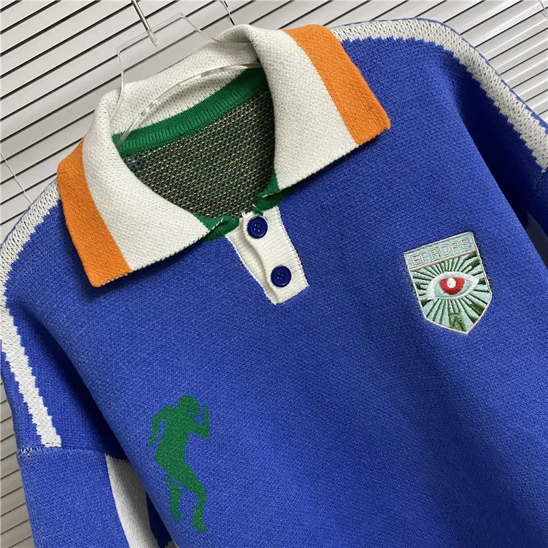 Loose Casual Men Women House of Errors Sweater Color Matching Jacquard Polo Collar Blue HOUSE OF ERRORS Knitwear