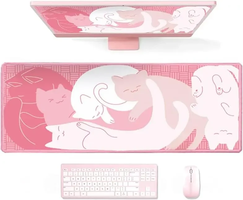Coquette Schlafendes Kätzchen Mauspad, Weiches Rosa Gestapeltes Katzenlinienmuster Rutschfeste Schreibtischunterlage für Gamer Büro Zuhause Tastatur Desktop-Deko