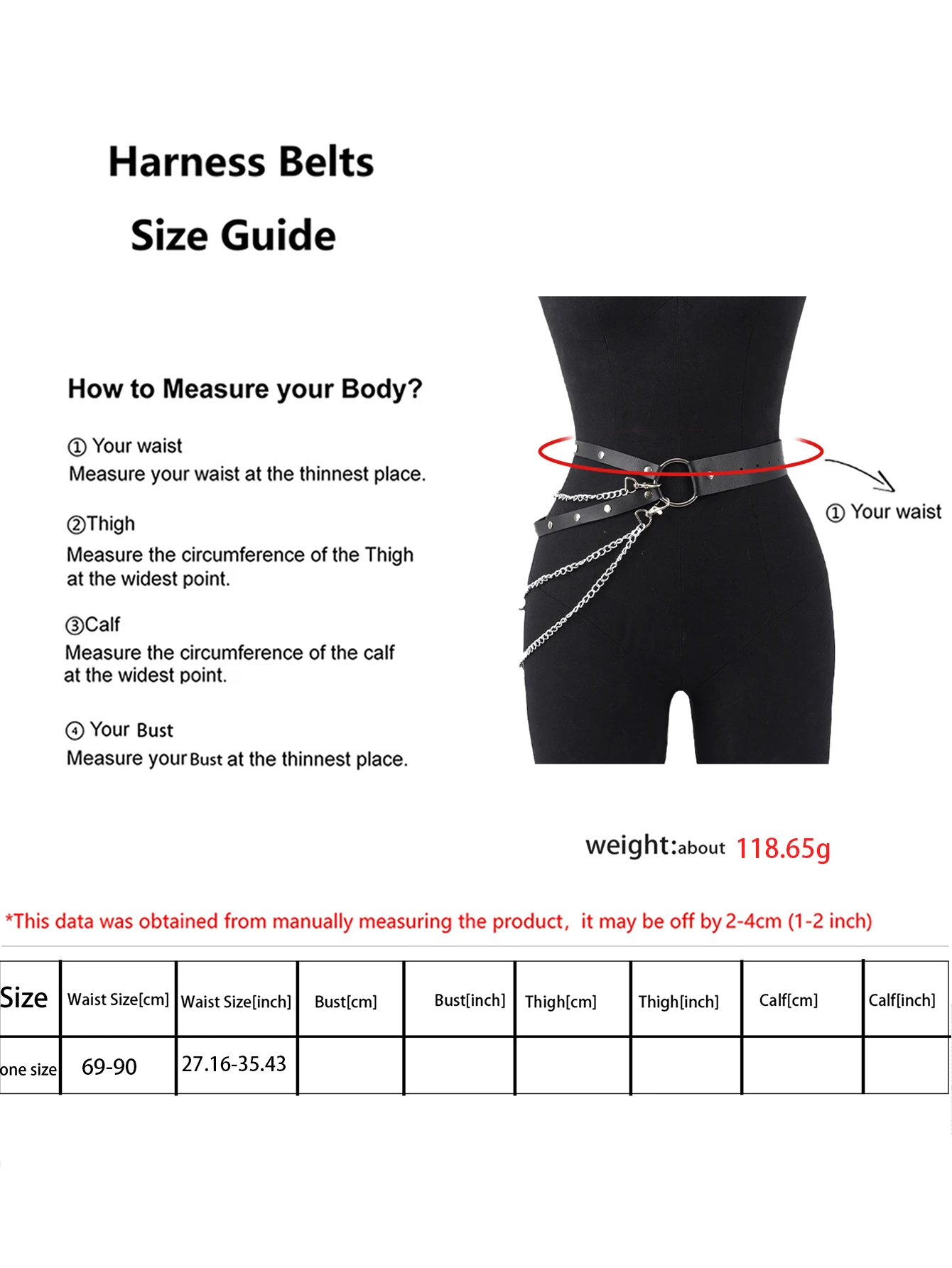 حزام سلسلة من جلد البولي يوريثان الأسود للنساء من Edgy - حزام للجسم بسلسلة فضية، حزام خصر فاسق على الطراز القوطي أو Emo أو Rock Style