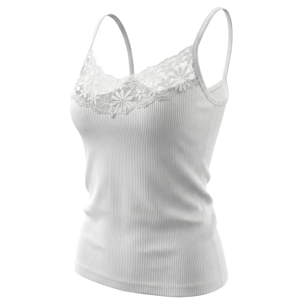 Sexy Solid Color Lace Tank Tops Ribbed Texture V Neck Design V Neck Vest Elastic Fabric Y2k Style Basic Tee Tops Streetwear
