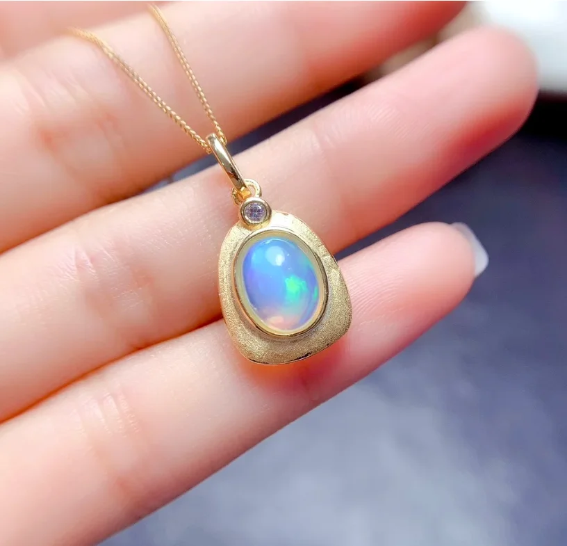 Women Pendant  Golden Color Necklace Natural Opal Necklace Real 925 Silver Jewelry Good Gift