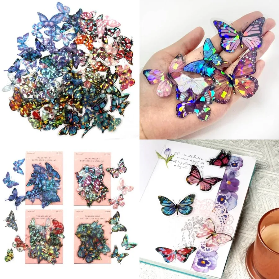 

100Pcs Holographic Butterfly Stickers for Nature-Themed Decorative Adhesive Watercolor Scrapbooking Supplies Ideal for Adult Jo