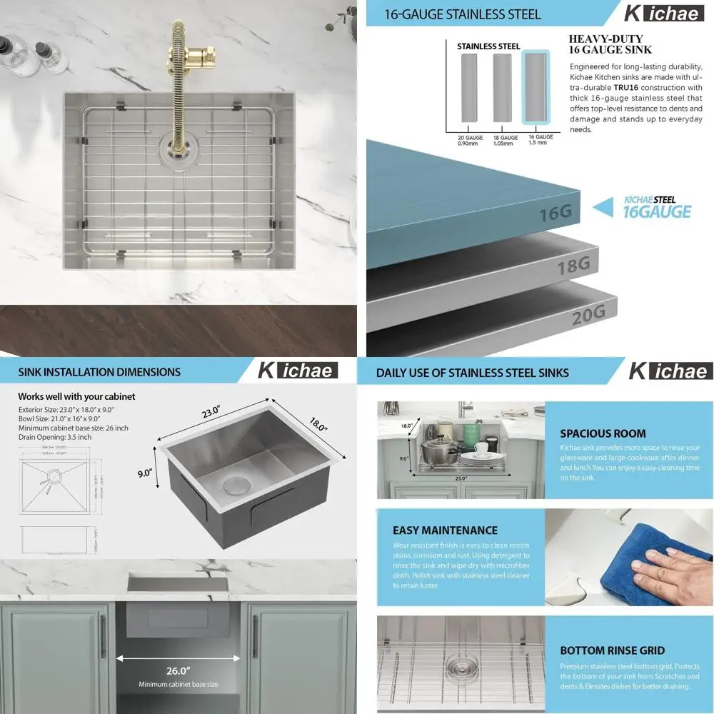 

Кухонная мойка из нержавеющей стали на одну чашу, 23 дюйма, для установки под столешницу, с ручной отделкой, для небольших кухонь