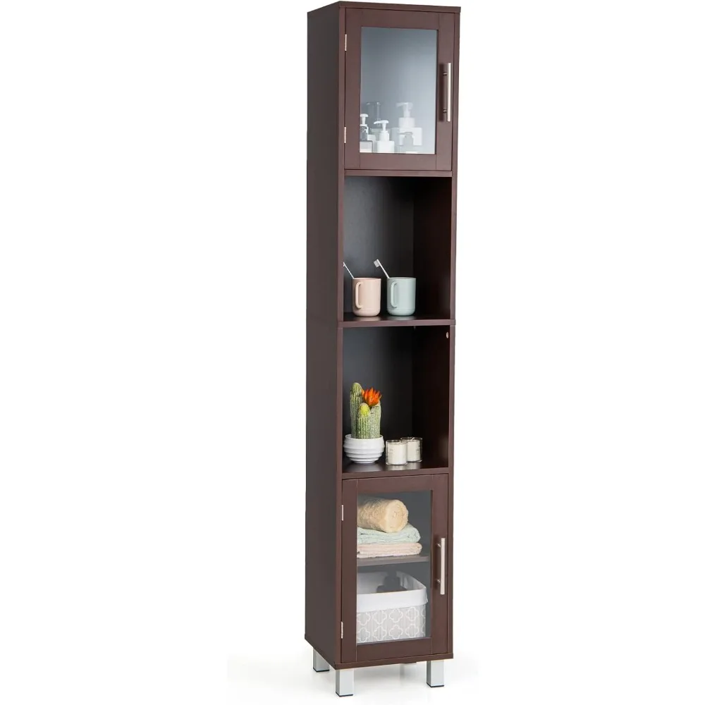 

Tall Bathroom Cabinet, Home Living Room Wood Storage Cabinet Free Standing w/ 4 Shelves and 2 Glass-Paneled Doors