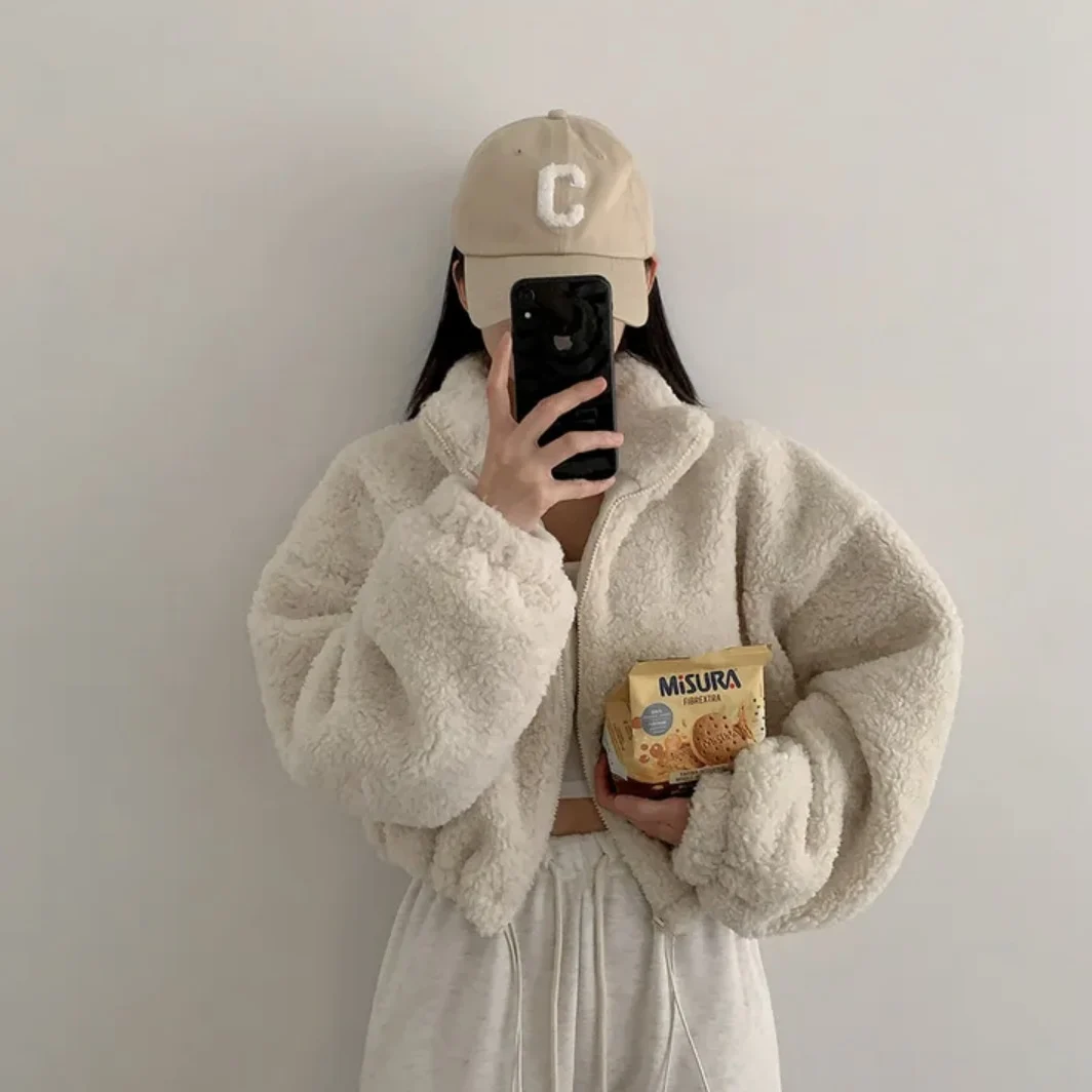 

Spring Autumn Korean Chic Casual Plush Coat Women's Loose Stand Collar Zipper Short Coat Top Plus Size High-street Sports Jacket