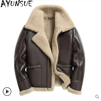 AYUNSUE Mantel Wol Kulit Domba Alami 25 Jaket Musim Dingin Mantel Jaket Bulu Pria Jaket Kulit Asli Sepeda Motor & Pengendara Sepeda Motor Pakaian Pria