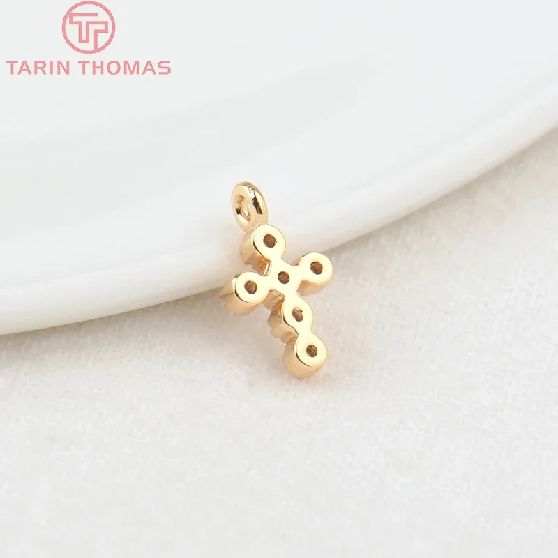 (201)4PCS 6x10MM Hole 1MM 24K Gold Color Brass with Zircon Cross Charms Pendants High Quality DIY Jewelry Making Findings