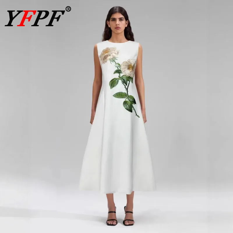 

YFPF Flower Embroider Design A Line Women Dress Elegant Sleeveless Contrast Color High Waist Party Dresses Fashion New Clothing
