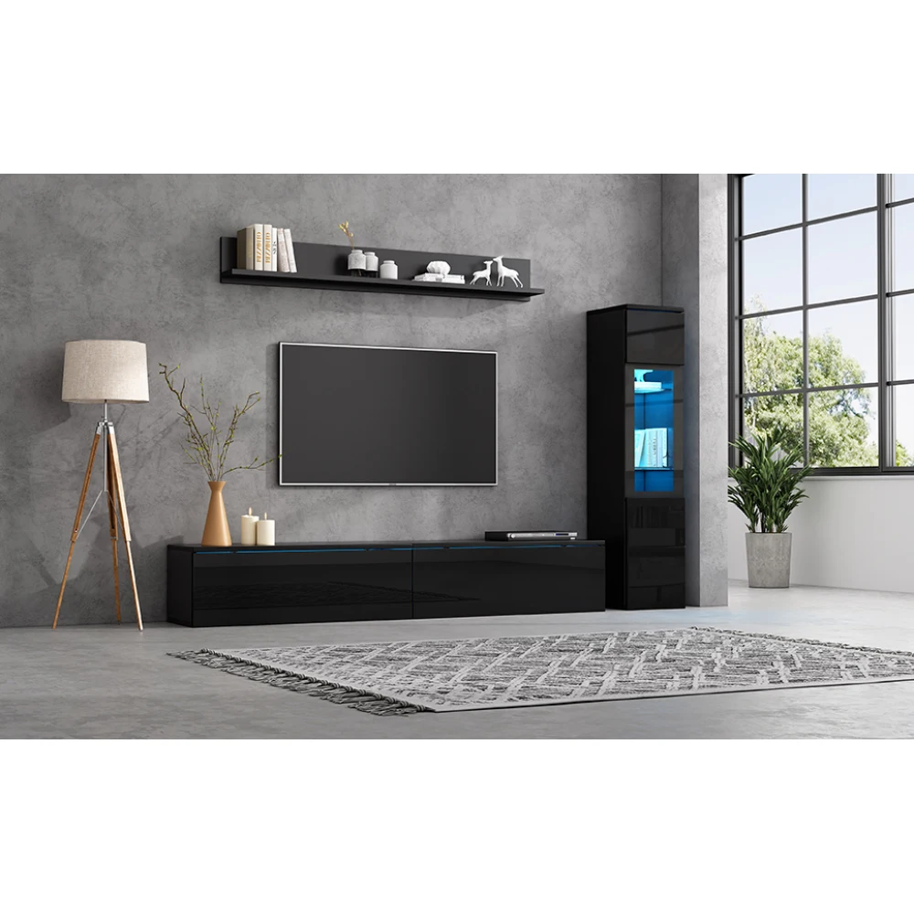 3-teiliges TV-Wohnzimmer-Wandset mit LED-Beleuchtung, Hochglanz-Möbelset, TV-Schrank, Vitrine und Hängeregal, für Fernseher bis zu 80 Zoll – Detail 9