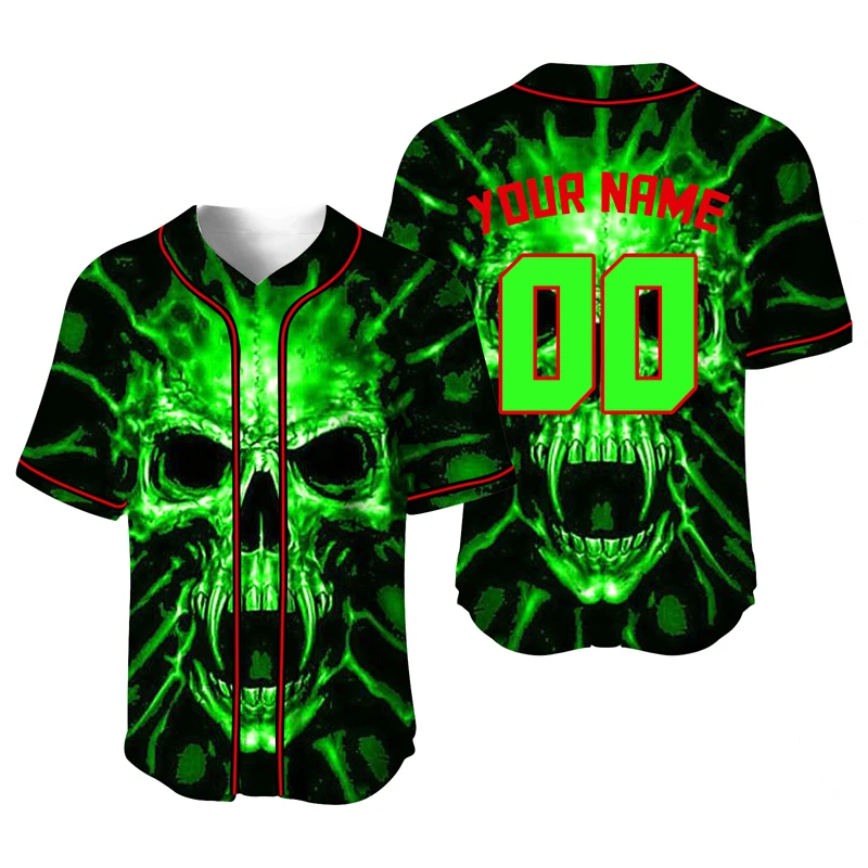 

Black Green Skeleton Baseball Jersey Men Custom Shirt Design Hip Hop Tshirt Streetwear Blouses Plus Size Sportswear T-Shirt