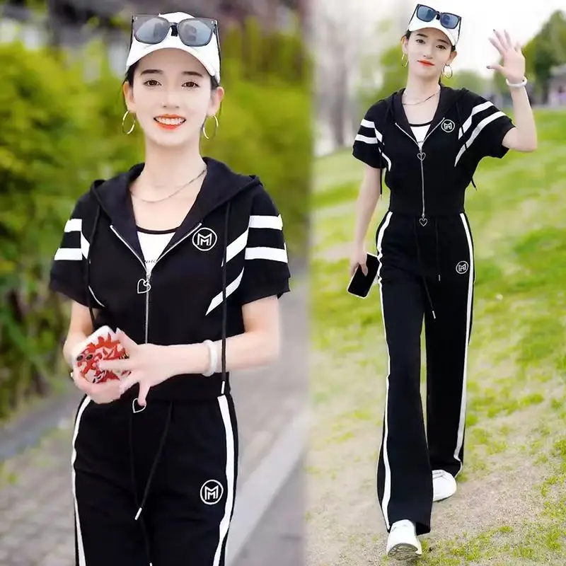 

Fashion Casual Sportswear Suit Women 2023 Summer New Fashion Hooded Short Sleeved Cardigan Wide Leg Pants Two-Piece Set