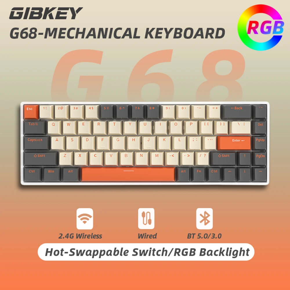 G68 Keyboard Mekanikal Gaming nirkabel Bluetooth, Kustom lampu RGB sakelar dapat ditukar panas 68 tombol untuk Tablet komputer bekerja Gamer