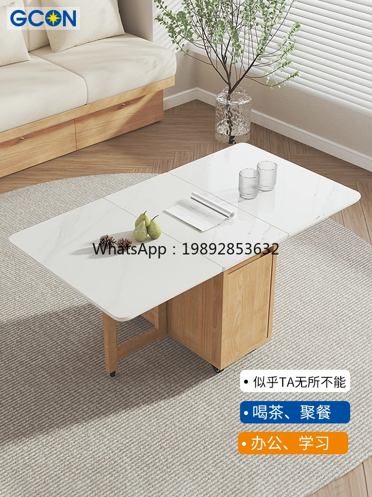 LYY Small Apartment Storage Rock Board Folding Coffee Table Living Room Multi-functional Household Movable Solid Wood Side