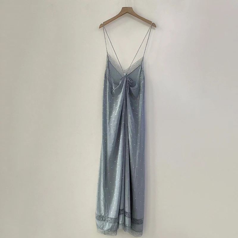 Zadig Women Camisole Long Dress Sexy Lace Fashion Long Robe Female Casual Summer Jacquard Rhinestone Wings Blue Camisole Robes