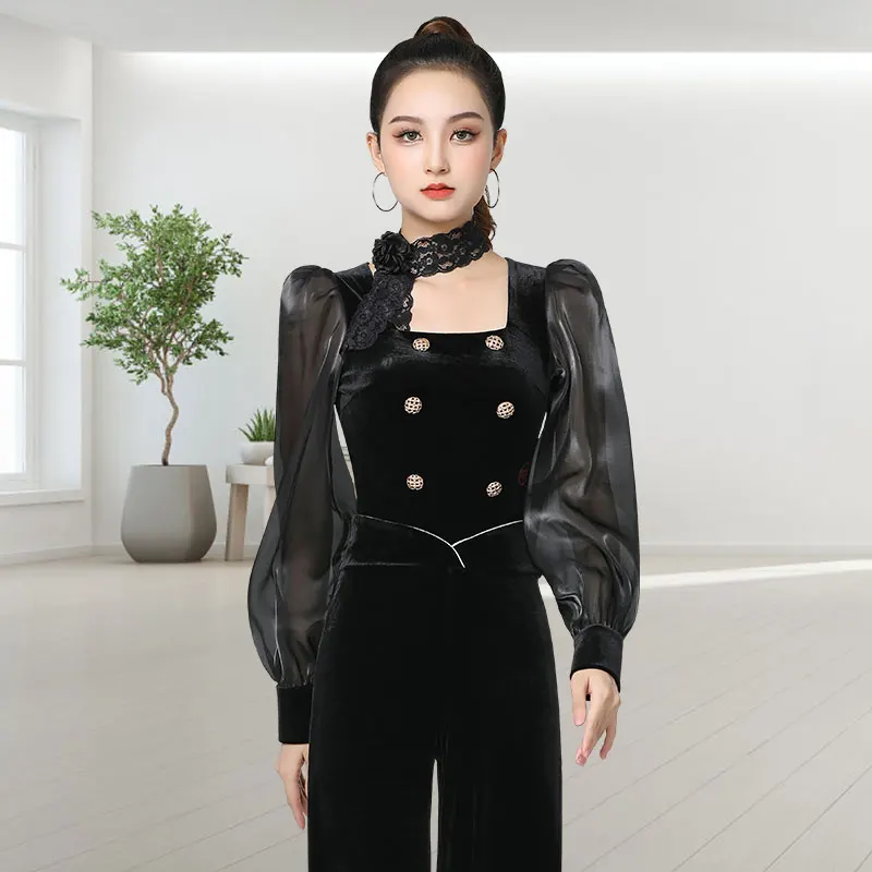 

Doubl Latin dance practice suit fashion women's winter velvet bring chest pad jumpsuit long sleeve U-neck dance suit