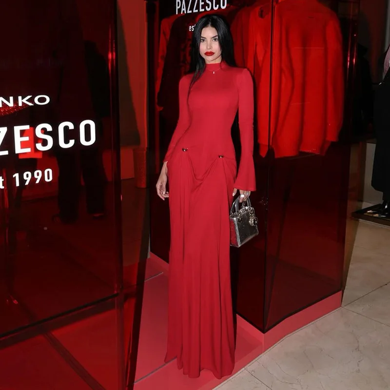 CPSYMYM Weird Puss Rings Patchwork Dress Women Half High Collar Full Sleeve Loose Hem Prom Banquet Party Classic Bright Red Long