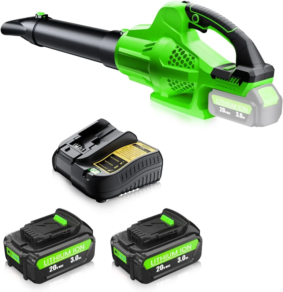 

Беспроводная воздуходувка для листьев с 2 аккумуляторами и зарядным устройством, 6 скоростей, 500 CFM, для ухода за газоном (зеленая)