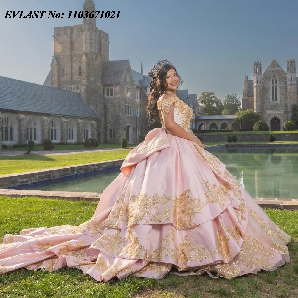 EVLAST Glitter Pink Quinceanera Dress Ball Gown Gold Lace Applique Beaded Bow Sweet 16 Vestidos De 15 Anos Customized SQ790