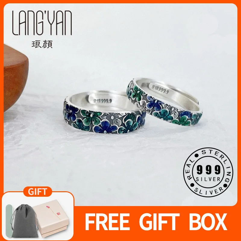 

Langyan 999 Sterling Silver Enamel Flower Ring China Chic Vintage Real Silver Adjustable Couple's Ring Fine Jewelry Gift JZ181