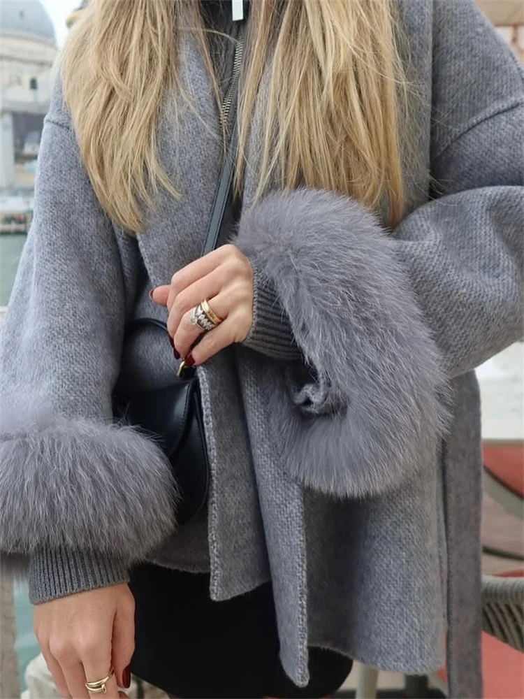 Tossy Fox Fur Wool Overcoat Women's Short Coat Office Lady Elegant Double-sided Woolen Coat 2025 New Cardigan Jackets Loose Wool