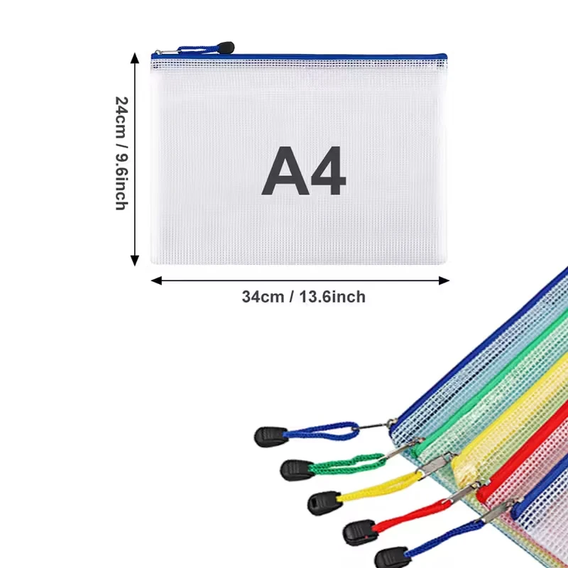 10-Piece multi-colored mesh zipper bag, A4 size, durable PVC, with drawstring and handle - travel, school, office supplies