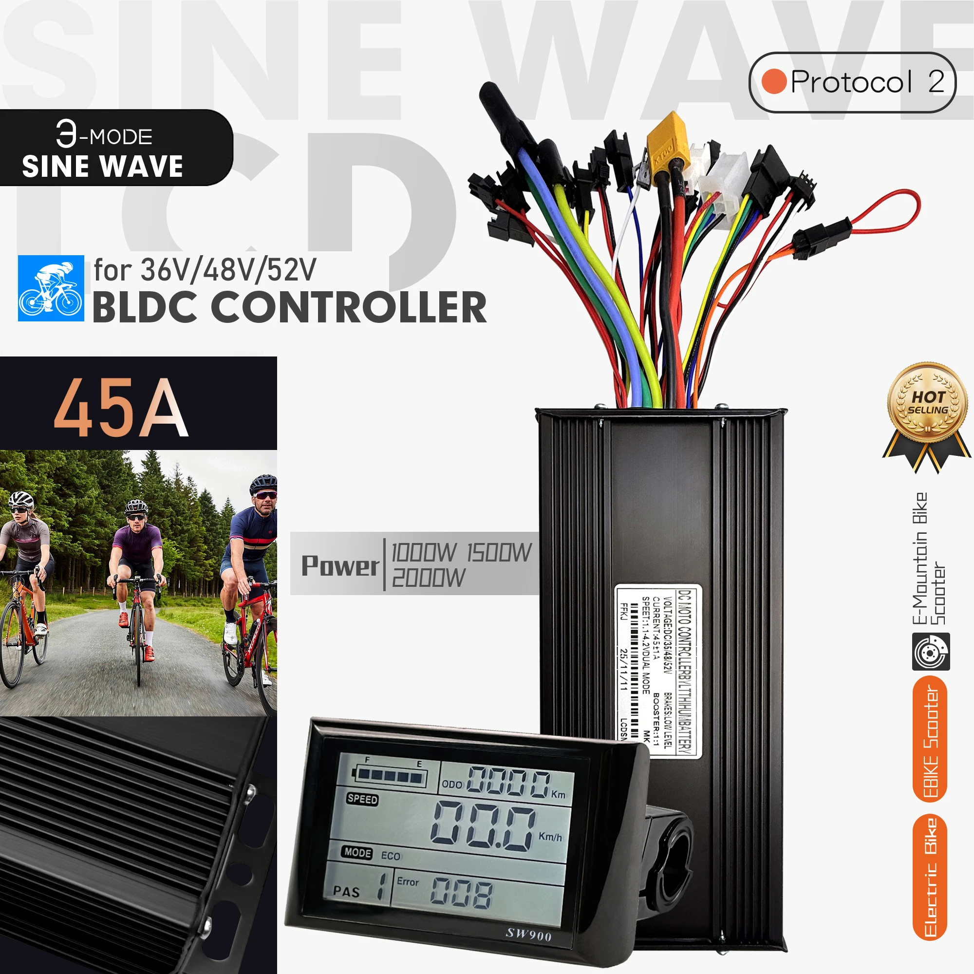 Ebike Brushless Motor Sine wave Controller 36V 48V 52V 45A 1000W 1500W 2000W with SW900 LCD meter for E-Mountain bike Scooter