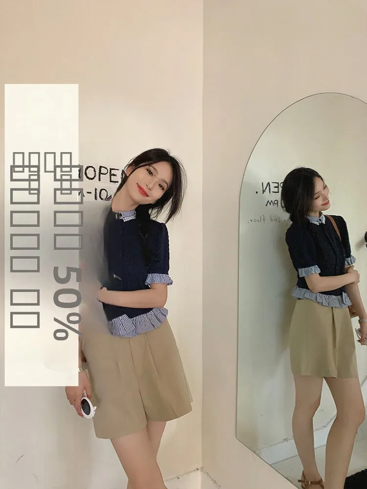 

Синий вязаный свитер с коротким рукавом для женщин, приталенный, с воротником, из смесовой пряжи с полиэстером, сохраняющий тепло, осенний сезон, стандартный крой.