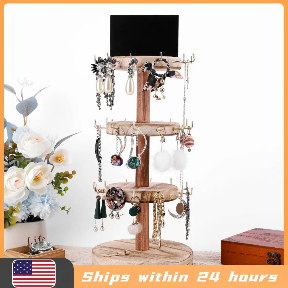 

360 ° Вращающийся деревянный органайзер для украшений на 3 уровня с крючками для поделок и ювелирных изделий, для дома или для выставок