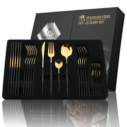 24Pcs Cutlery Set Stainless Steel Knife Fork Spoon Tableware Black Golden Flatware Set Festival Kitchen Dinnerware Gift