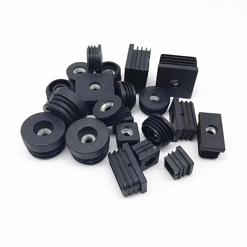 Beicai 15~50mm Black Square/Round Plastic Pipe Plugs Adjustable Screw Foot Pad With M6 M8 M10 Nut Hole Blanking End Inserts Caps