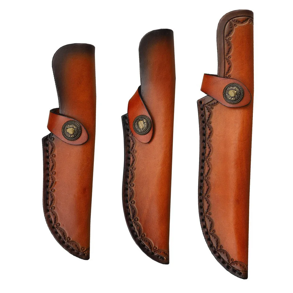 23cm Fixed Blade Knife Scabbard Embossed Cowhide Top Grain Leather Camping Knife Case Hunting Holsters with Belt Buckle