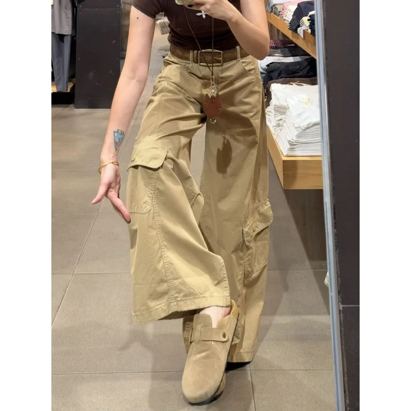 Women American Retro Khaki High Waist Wide Leg Cargo Jeans