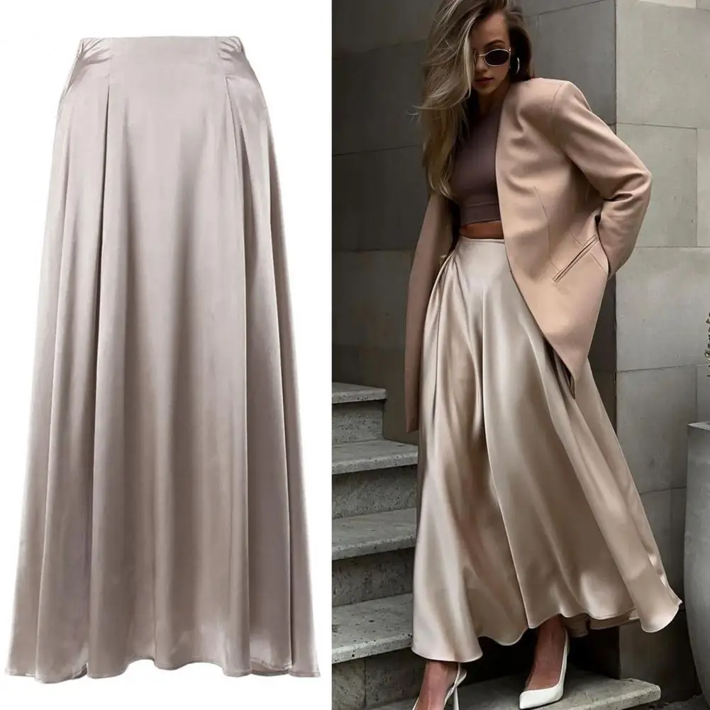 

Satin Skirt High-waisted Long Skirt Elegant Silky Stain Maxi Skirt with High Waist Zipper Closure A-line Pleated for Dating