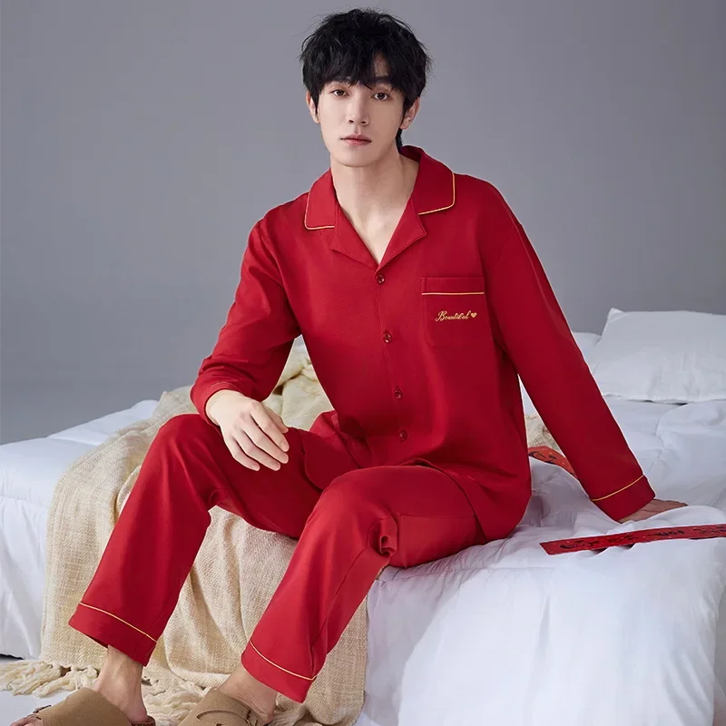 

100kg Large Size Pure Cotton Sleepwear Men Chinese New Year Red Pajamas New Couple Wedding Home Suit Spring Cardigan 2 Piece Set