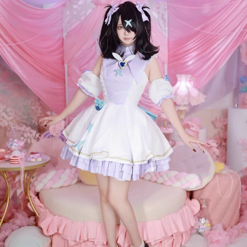 

Game Needy Girls Cosplay Rain Costume Purple White Maid Cute Lolita Dress with Accessories Wig Full Set for Women Theme Party