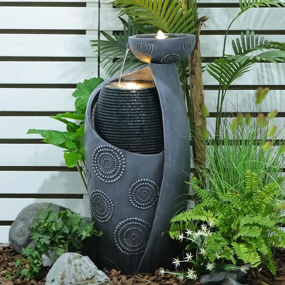 Outdoor 31.4 Tall Ceramic Water Fountain with LED Lights and Durable Pump for Yard, Porch, Home, and Garden Decor