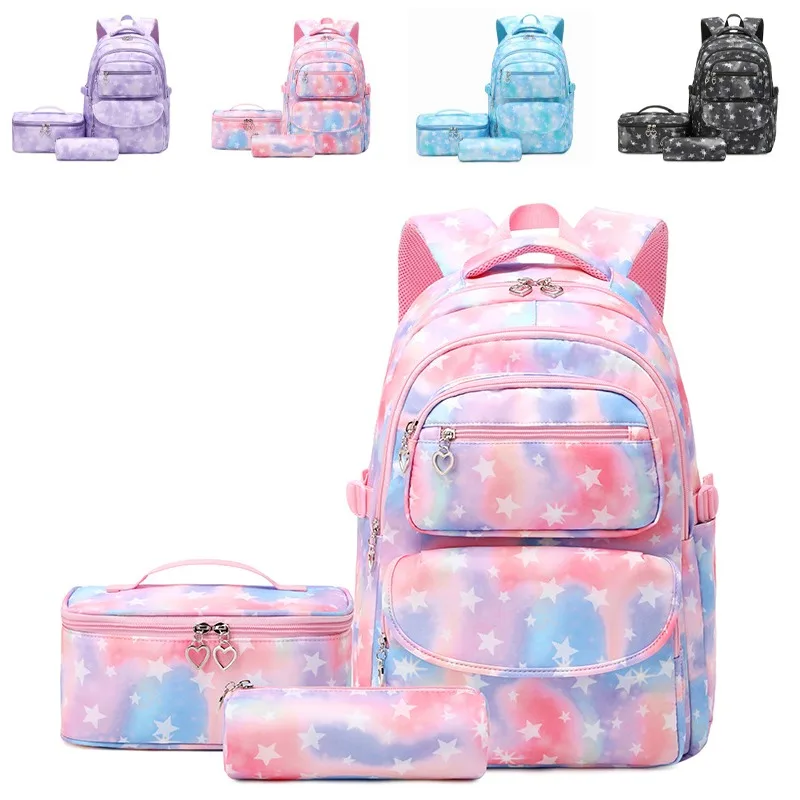 Backpack School Bag Set Primary Middle Schoolbags Star Print Waterproof Backpack Lightweight Spine Protector Girls School Bag