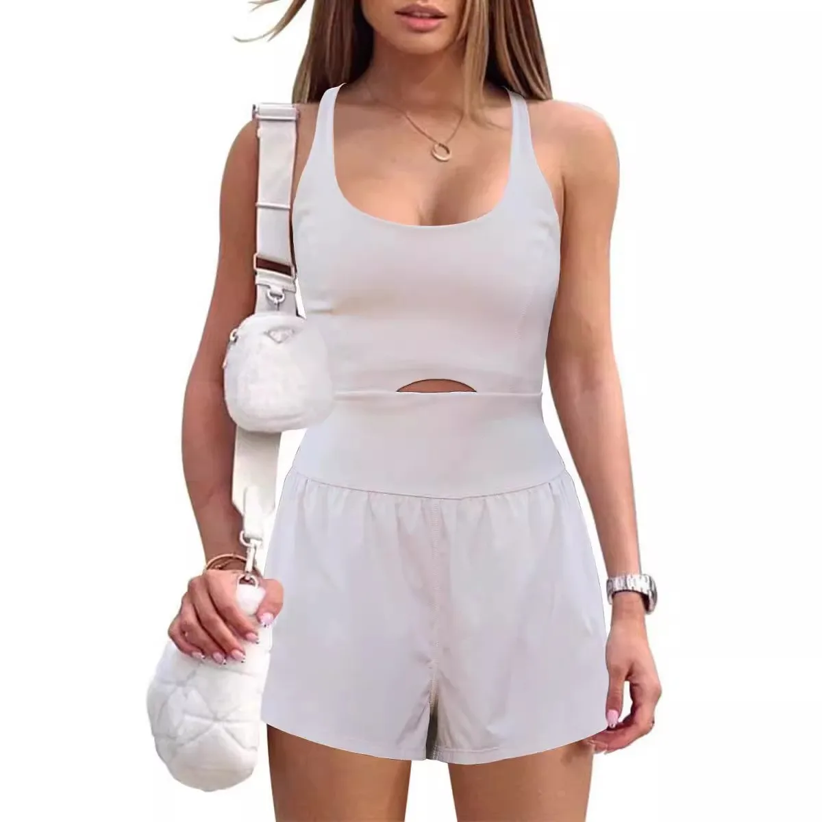 

Summer women's sportswear solid color personality backless U-neck cross vest sleeveless sports jumpsuit shorts yoga jumpsuit