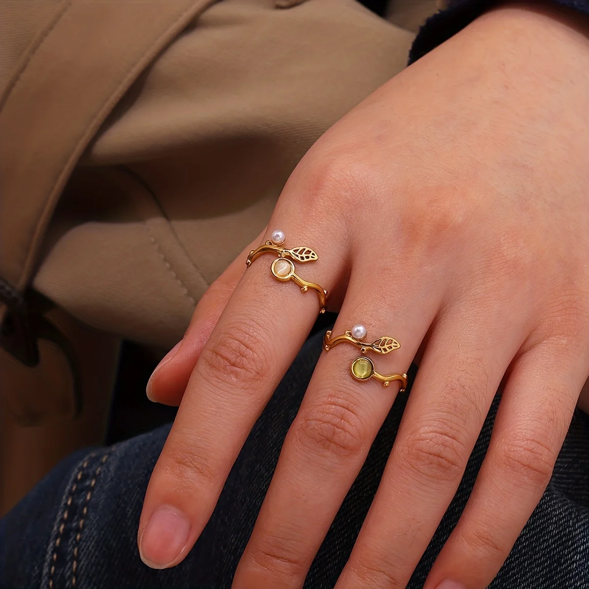Edelstahl Grüne Blatt-Wellen-Ringe für Frauen 18K Vergoldeter Offener Ring Hochzeitsschmuck Urlaubs-Accessoires Geschenk