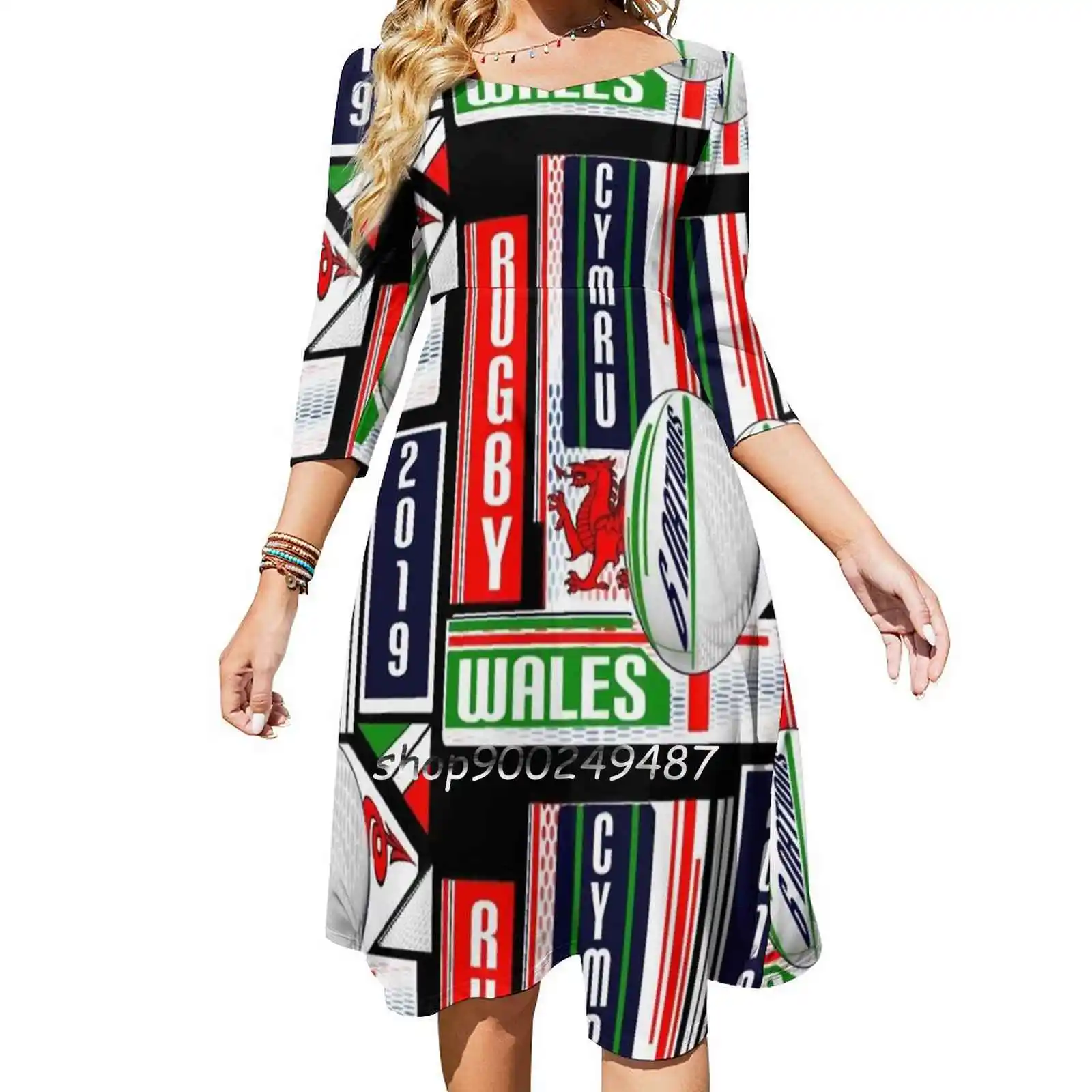 Cymru Welsh Wales Rugby Team Dragon 6 Nations 2019 Flare Dress Short and Long Sleeve Dresses Fashion Printed Dress Wales