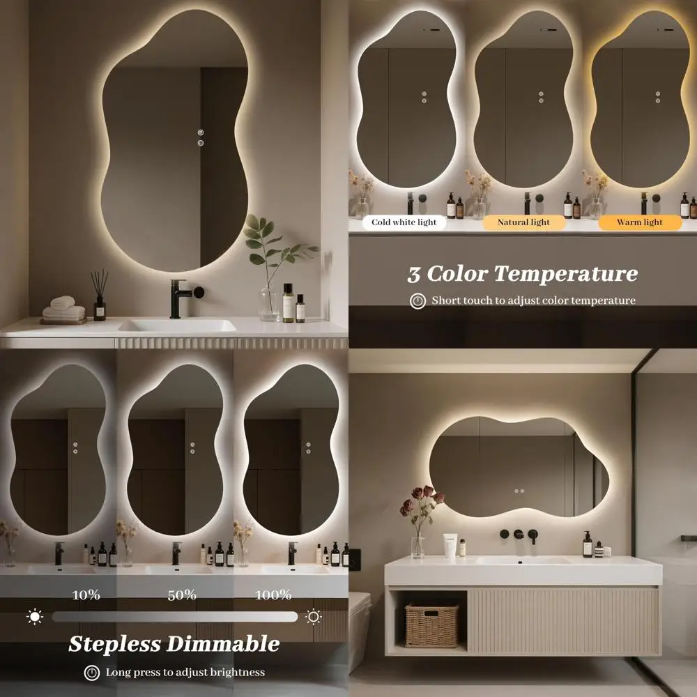 

WallBeyond 46x26 Асимметричное зеркало для ванной комнаты со светодиодной подсветкой, нестандартное косметическое зеркало с подсветкой для современной главной ванной комнаты, Dimma