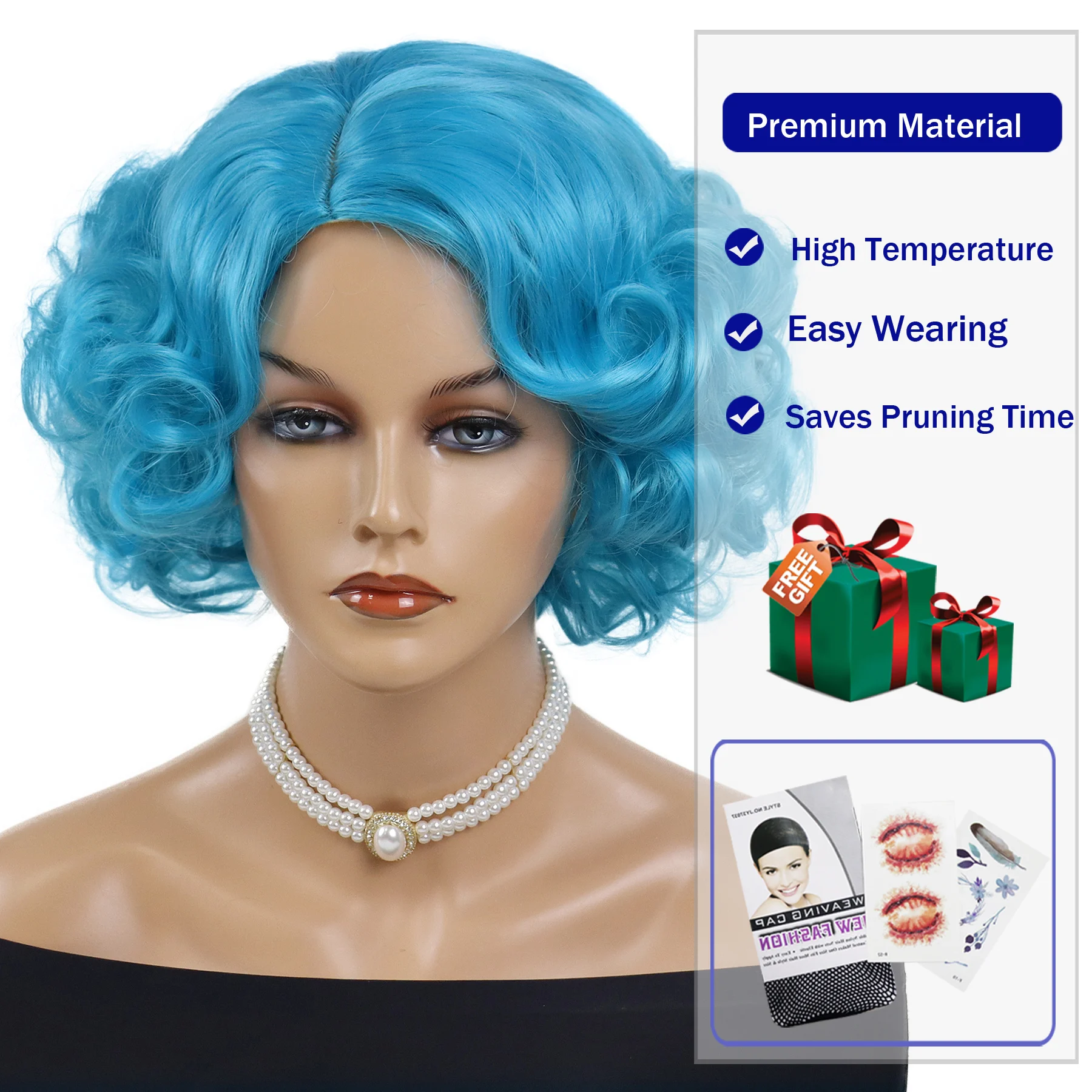 Synthetic Blue Wigs Cosplay Halloween Carnival Short Curly Wig for Women Natural Fluffy Colorful Hair Side Parting Hairstyle