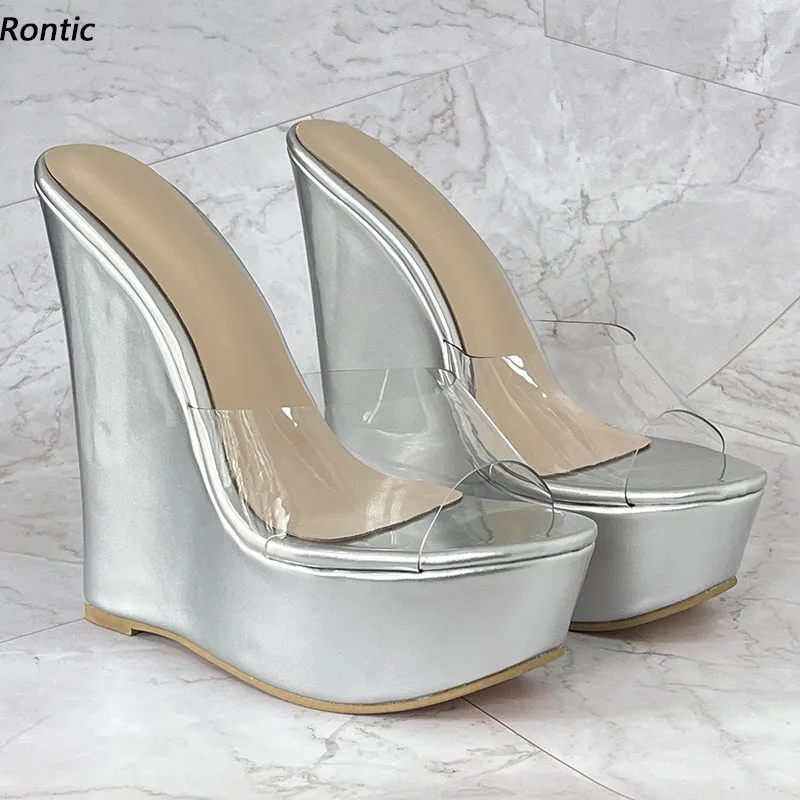

Rontic/женские туфли-лодочки ручной работы на платформе, босоножки на танкетке и каблуке с открытым носком, великолепная серебряная обувь для вечеринок, размер США, 4-20
