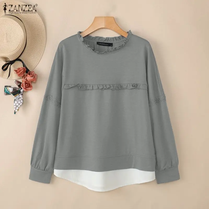 ZANZEA Women's Minimalist False 2-Pieces Sweatshirts Casual Ruffled Trim O-Neck Lace Patchwork Long Sleeve Pullovers Woman Tops