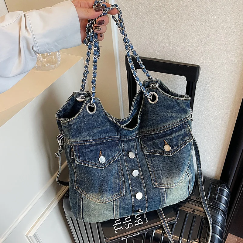 

Casual Denim Handbag Fashion Chain Shoulder Bag Women Moto Style Jean Clothing Design Crossbody Bag Large Capacity Leisure Tote