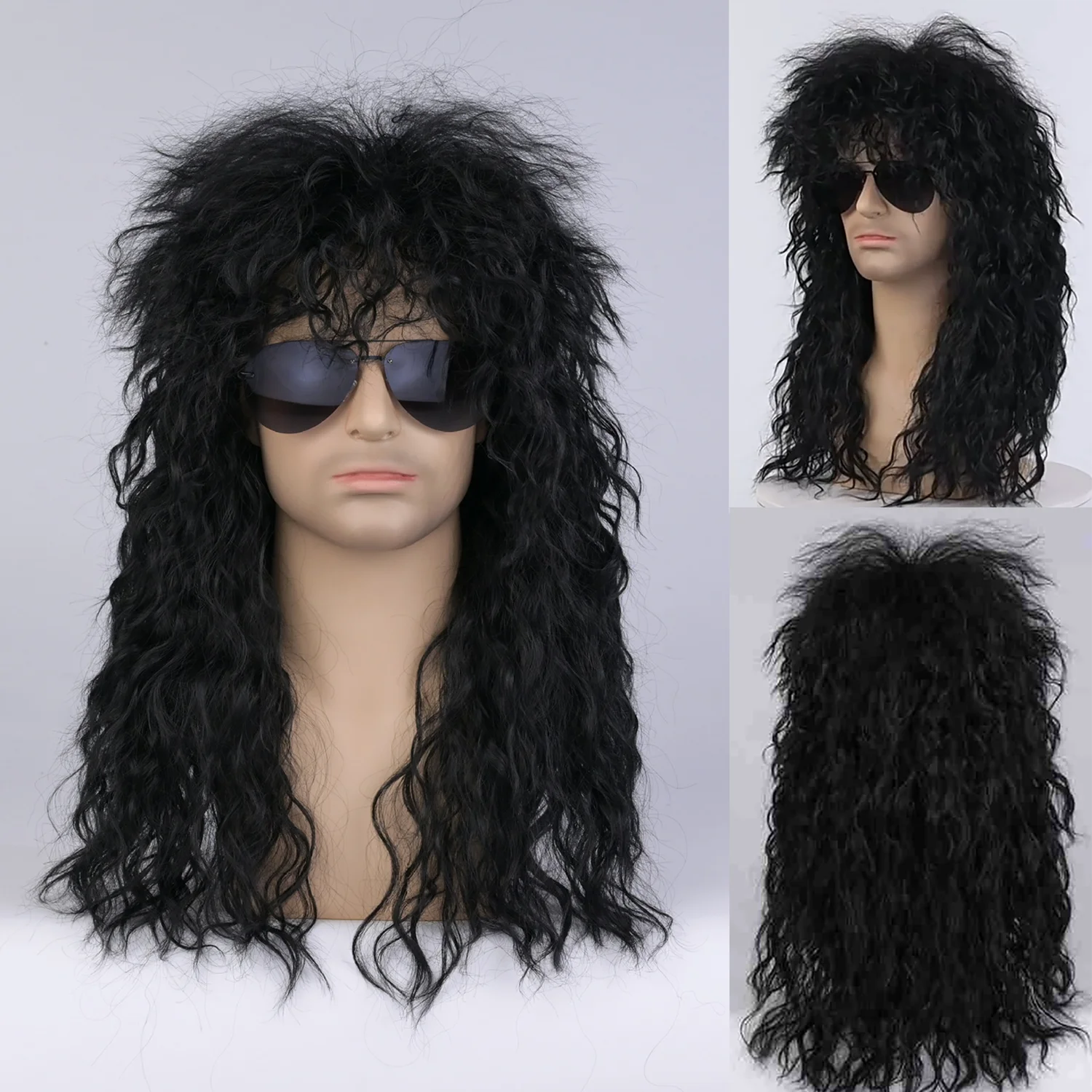 

Men Long Black Synthetic Wig Cosplay Hair Extension Heat Resistant Fiber Costume Halloween Party Anime Style Hairpiece