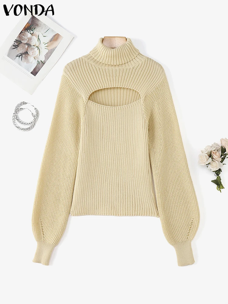 

Fashion Knitted Pullovers European Women Hollow Out Sweater VONDA 2025 Autumn Casual Long Sleeve Jumpers knitted Coat
