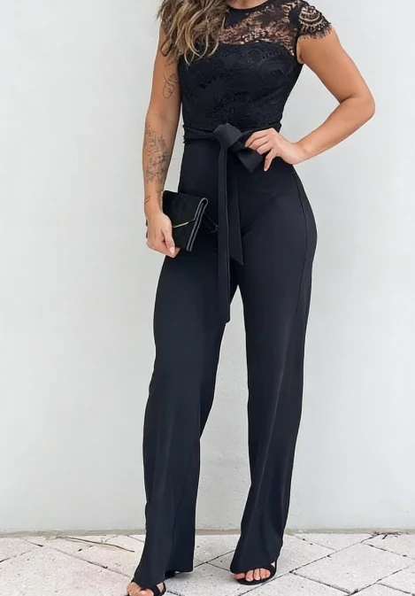 

Summer New Arrivals Women's Lace Panel Casual Slim Fit Jumpsuit Contrast Round Neck Waist Tied Detail Jumpsuit